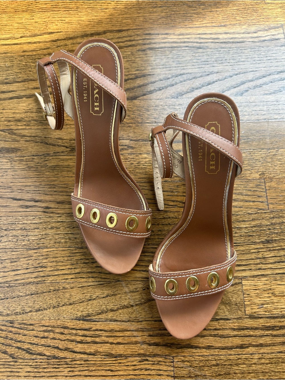 COACH Strappy Amina Gold Eyelet Tan Heeled Sandals